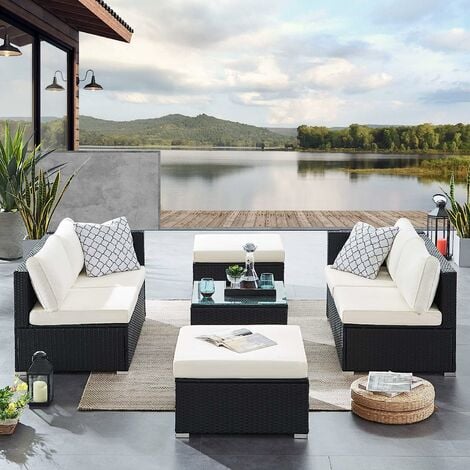Tribesigns 7 Piece Rattan Garden Furniture Set, Modular Sectional Sofa, Outdoor Patio Conservatory Corner Sofa Set with Cushions & Glass-Top Coffee Table