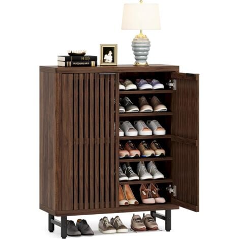 Tribesigns Armoire à chaussures rétro à 6 niveaux pour chambre à coucher, couloir, salon, 24 paires de chaussures avec portes, étagères réglables