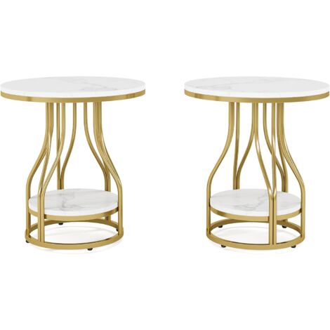 Tribesigns Beistelltisch Rund Weißgold Beistelltisch 2er Set, 2-stöckiger Beistelltisch Modern Nachttisch Kleiner Beistelltisch mit Stauraum Sofa Beistelltisch mit Metallgestell für Wohnzimmer