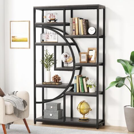 Tribesigns – Bibliothèque industrielle 5 niveaux – 9 étagères ouvertes – Métal noir et bois stratifié – Design géométrique élégant pour salon et chambre