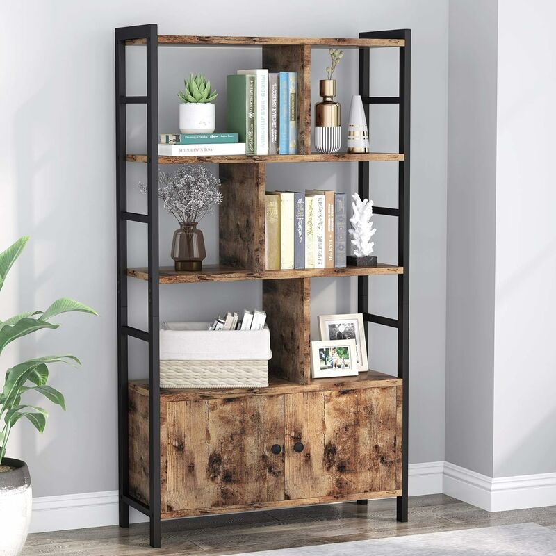 tribesigns bibliotheque, armoire de rangement avec 3 etageres et 2 portes, bibliotheque industrielle armoire, 70x30x140cm