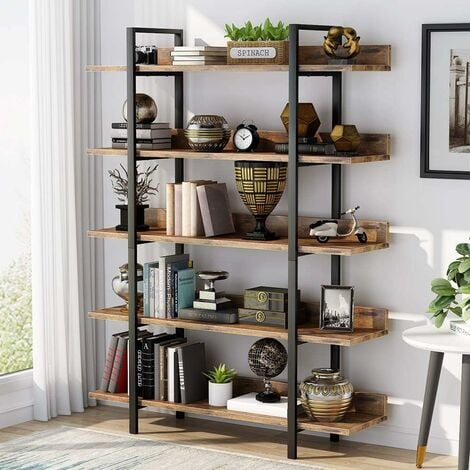 Tribesigns Bookshelf Bookcase Storage Rack Standing Shelf 5-Tier Industrial Stable Bookcase with Iron Tube Frame for Home, Living Room, Bedroom, Office