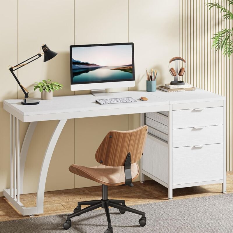 Tribesigns - Bureau d'ordinateur avec 3 tiroirs 150 cm avec tiroirs réversibles - Bureau industriel avec plateau de rangement pour le bureau à