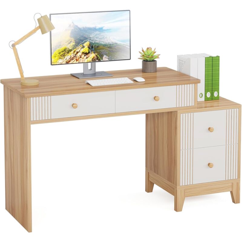 Bureau d'ordinateur avec 4 tiroirs, 130 cm Bureau de bureau à domicile avec rangement, Bureau de direction moderne en bois Table d'étude Poste de