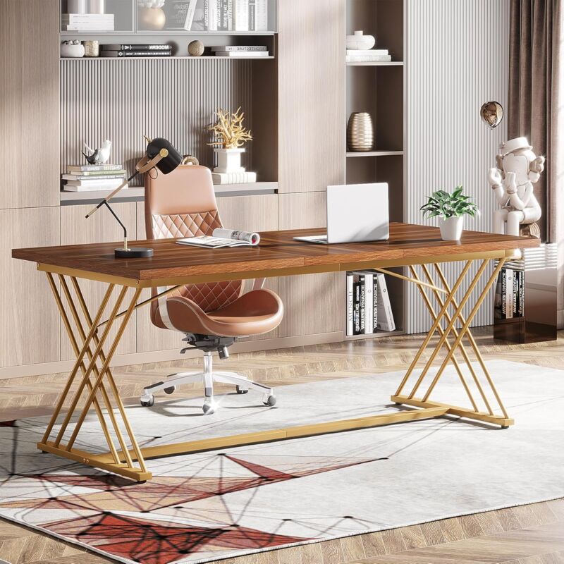 Tribesigns - Bureau Informatique, Moderne Table d'ordinateur, 160 x 80 x75 cm, Grand Bureau d'ordinateur en Bois avec Cadre en métal doré, Table de