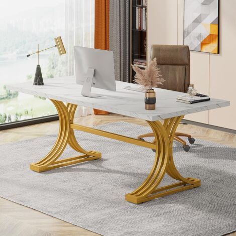 Tribesigns Bureau Table d'ordinateur, 160 x 80 x 75 cm Table de Bureau Moderne PC Table de Travail Table de Salle à Manger avec Pieds dorés pour Bureau à Domicile, Table de conférence, Blanc & Or