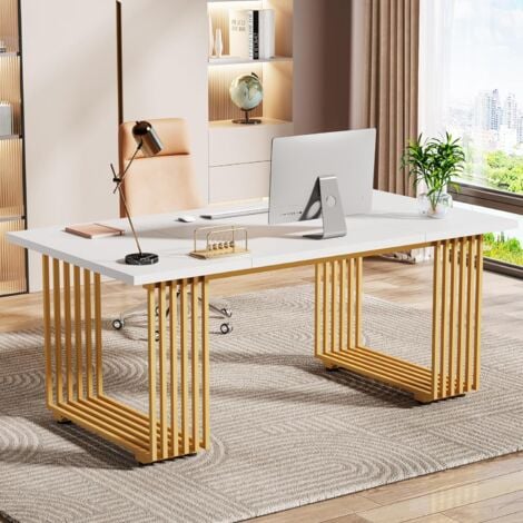 Tribesigns Bureau Table d'ordinateur, 180 x 80 x 78 cm Table de Bureau Moderne PC Table de Travail Table de Salle à Manger avec Pieds dorés pour Bureau à Domicile, Table de conférence, Blanc & Or