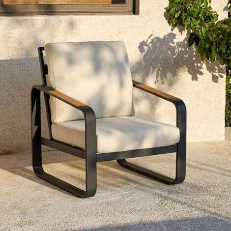 Tribesigns Canapé de Jardin pour l'extérieur avec Coussins, chaises de Balcon à Structure en Aluminium Noir, chaises et fauteuils de Jardin avec accoudoirs en Bois, 77 cm x 80 cm x 92 cm, Beige
