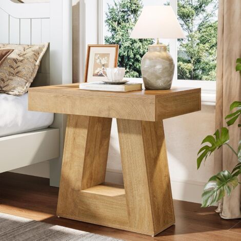 Tribesigns Comodino moderno a 2 ripiani, in legno, con base trapezoidale, piccolo comodino con finitura a venature del legno, per soggiorno e camera da letto