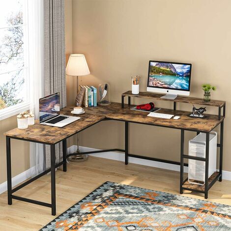 Tribesigns Computer Desk Gaming Desk L-Shaped Writing Workstation Corner Study Desk PC Notebook Laptop Industrial Computer Desk Table with Large Monitor Stand and Shelves for Home Office(Brown)