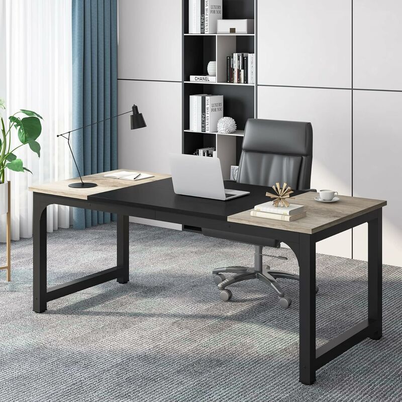 70.8¡±Executive Desk, Large Office Computer Desk With Thicken Frame, Modern Simple Workstation Business Furniture For Home Office, Vintage Grey/Black
