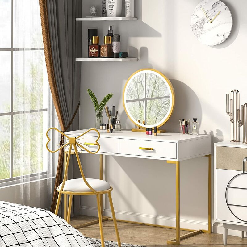 Tribesigns - Computer Desk with 2 Drawers, 39.4¡± Modern Simple White and Gold Writing Desk Desk, Makeup Vanity Console Table