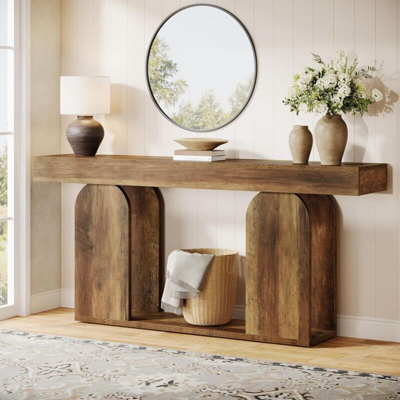 Tribesigns Console Bois, 160×30×85cm Console D'entrée Base en U, 2 Niveaux Meuble D'entrée pour Entrée, Couloir et Salon, Marron Clair