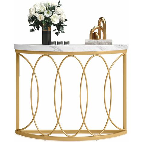 Tribesigns – Console d'entrée en marbre blanc et métal doré – Design demi-lune – 110x35 cm – Table d'appoint pour salon et couloir