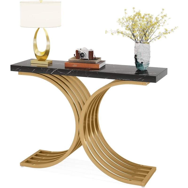 Tribesigns - Console Meuble, Table Console Blanche Meuble, 100 x 30 x 80 cm Petite Table de Présentation, Table d'Entrée de Bout de Canapé en Or pour