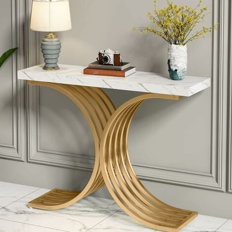 Tribesigns Console Meuble, Table Console Blanche Meuble, 100 x 30 x 80 cm Petite Table de Présentation, Table d'Entrée de Bout de Canapé en Or, Table d'Appoint pour Couloir, Entrée,Salon
