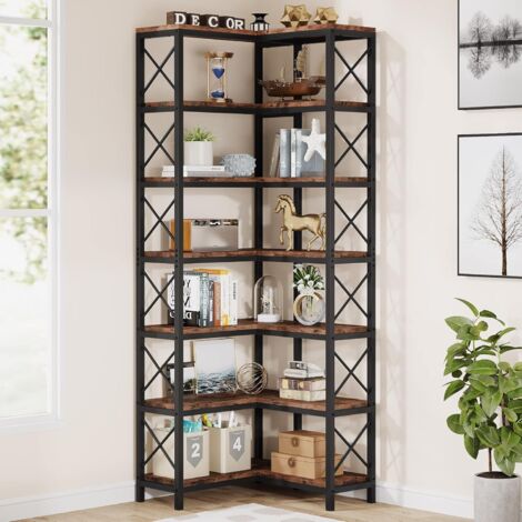 Tribesigns Corner Bookshelf, Large Modern Corner Bookcase, Tall Corner Shelf Storage Display Rack with Metal Frame for Living Room Home Office (Rustic Brown) (7-Shelf)