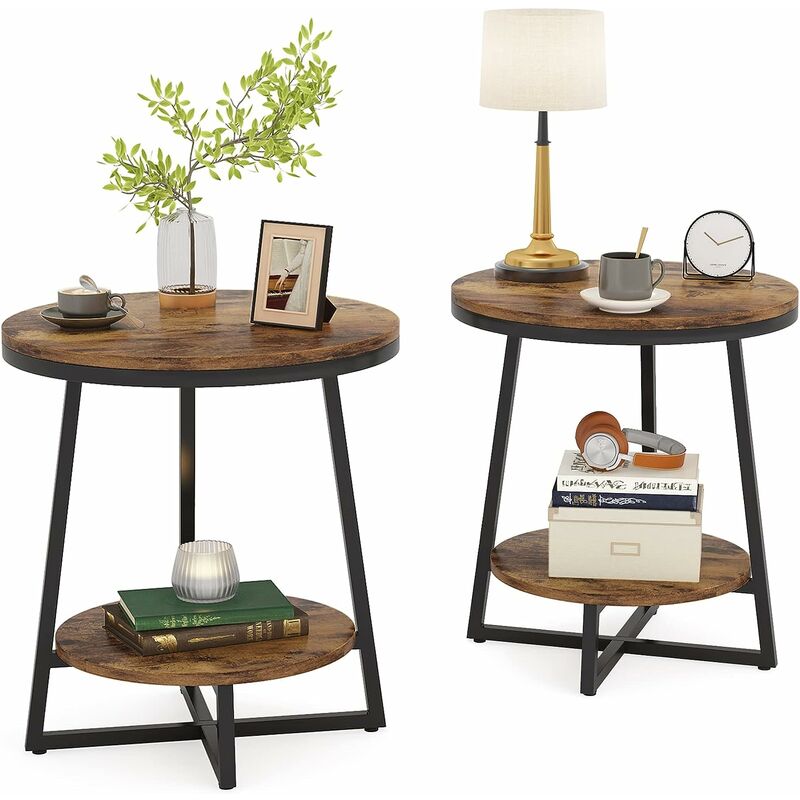 Round End Table Set Of 2, 2 Tier Side Table With Storage Shelf, Industrial Nightstand Bedside Table Coffee Accent Table For Living Room Bedroom Small