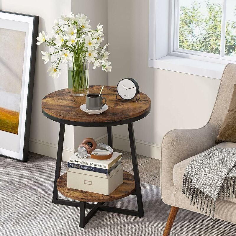 End Table, 2 Tier Round Side Table With Storage Shelf, Industrial Nightstand Bedside Table Coffee Accent Table For Living Room Bedroom Small Space,