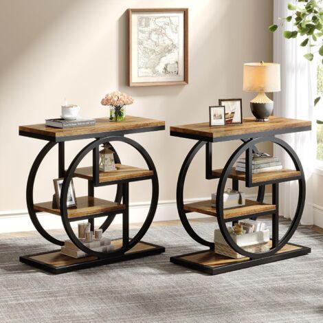 Tribesigns End Table for Living Room, 4-Tier Narrow Side Table with Storage Shelves, Industrial Bedside Table for Bedroom, Wood Small Sofa Side Table with Geometric Metal Frame (2 PC, Rustic Brown)