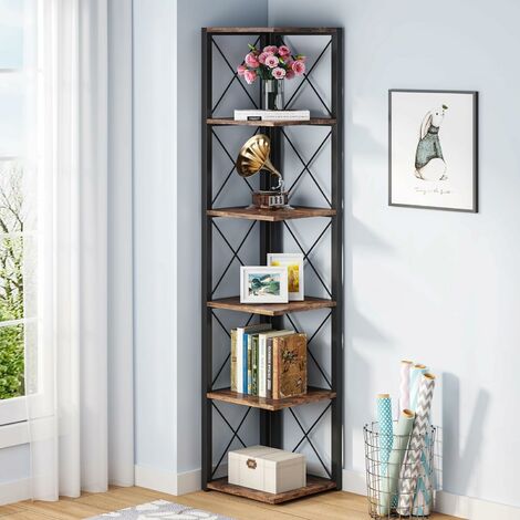 Étagère D'Angle Aliaj 5 Niveaux 180 Cm - Effet Bois Chêne Et Métal Noir - Rangement Salon Cuisine