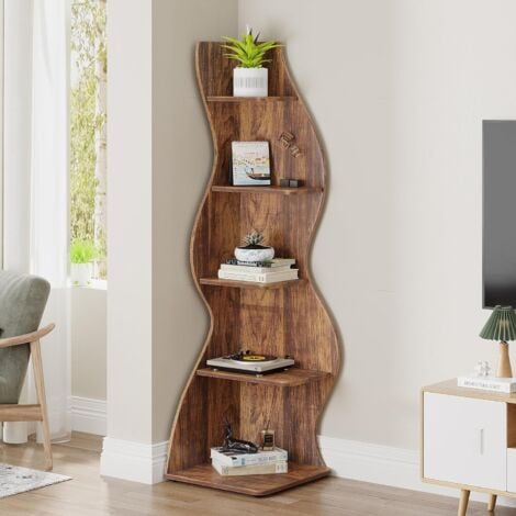 Tribesigns Étagère d'angle Moderne à 5 Niveaux, Petite Bibliothèque d'angle élégante, Support de Plante unité d'organisation avec Forme Unique pour la Maison, Bureau, Salon, Chambre à Coucher, Marron