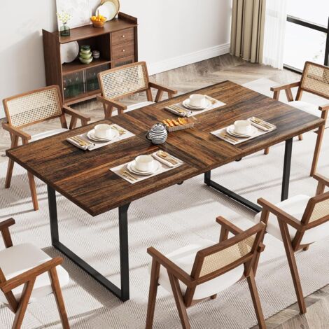 Tribesigns Extendable Dining Room Table for 6-8 People, 63-78.8 Wood Dinner Table with Metal Frame for Kitchen Living Room Dining Room, Rustic Brown and Black