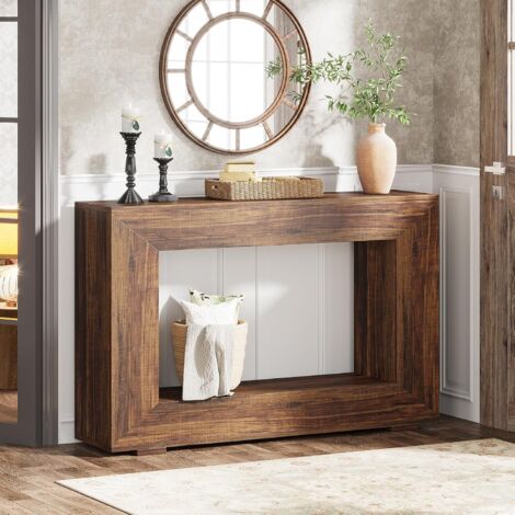108cm Farmhouse Consoletafel, Smalle Houten Salontafel Achter Bank Met Geometrische Basis