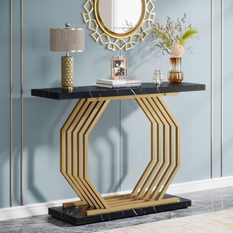 Tribesigns Gold Console Table, Faux Marble Entryway Table Narrow Sofa Table with Geometric Metal Base, 40 Inch Modern Accent Table Entrance Table for Living Room, Hallway, Foyer, Black