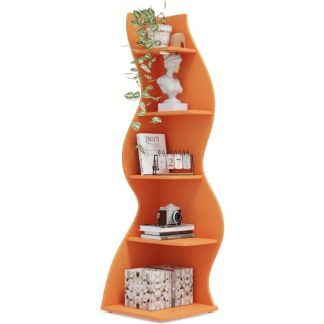 Tribesigns Libreria Angolare Ondulata, Libreria Moderna a 5 Ripiani con Forma Curvy, Espositore Unico per Piante per Soggiorno Piccolo Spazio (Arancione)