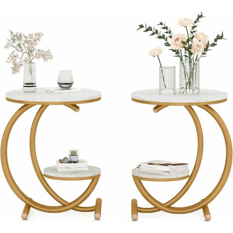 Tribesigns Lot de 2 tables d'appoint en imitation marbre avec étagère de rangement, table d'appoint ronde pour salon, chambre à coucher (2, blanc/doré)