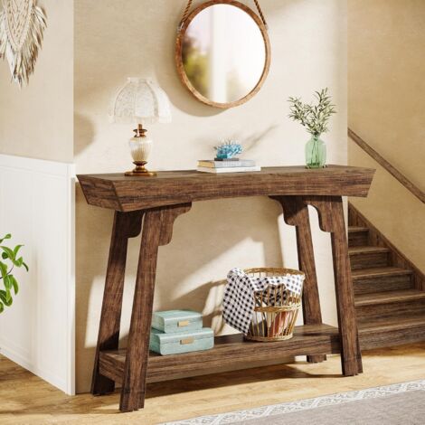 Tribesigns Mesa consola de 105 cm con almacenamiento, mesa de entrada de madera de 2 niveles con estante, casa de campo estrecha sofá mesa detrás del sofá para vestíbulo, pasillo, salón, marrón