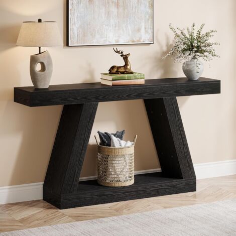 Tribesigns Mesa consola estilo granja Tribesigns, mesa de sofá rústica de 139 cm con espacio de almacenamiento, mesa de entrada industrial de madera para pasillo y sala de estar, color negro
