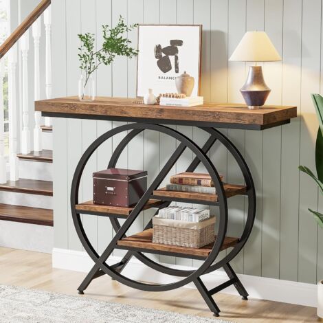 Tribesigns Mesa Consola, Mesa de Entrada de 100 cm con Tablero Grueso, Industrial Mesa de Sofá de 4 Niveles con Estructura Geométrica de Metal para Sala de Estar, Entrada, Marrón Rústico