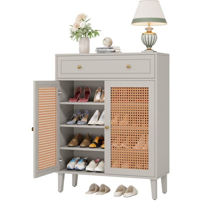 Tribesigns - Meuble à chaussures moderne avec portes et tiroir, meuble de rangement à chaussures en rotin pour entrée, armoire à chaussures en rotin