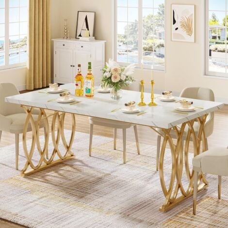 Tribesigns Moderner Esstisch für 6 Personen, Rechteckig, Küchentisch, für Esszimmer und Küche, Wohnzimmer, Moderner-Design, Weiß und Gold, 160 x 80 x 75 cm