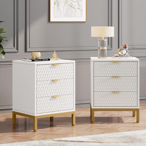 Tribesigns Moderner Nachttisch, 65,5 cm hoch, Nachttisch mit 3 Schubladen, moderner Beistelltisch mit Stauraum für Schlafzimmer, Wohnzimmer, Weiß und Gold (2 Stück)