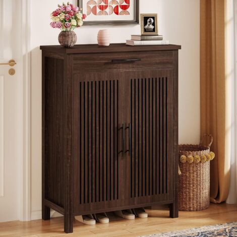 Tribesigns Rangement à Chaussures, Armoire à Chaussures 5 Niveaux avec Portes à Lames et Tiroir, en Bois avec Tablettes Réglables pour Entrée, Couloir, Dressing, Noyer Noir