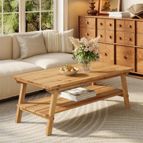Tribesigns Rectangle Coffee Table, 47-Inch Solid Wood Rectangular living room Table with Storage, 2-Tier Farmhouse Rectangle Center Table, Tea Table for Apartment, Bedroom, Office (Natural)