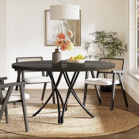 Tribesigns Round Dining Table for 4, 47-Inch Circle Kitchen Table, Modern Wood Dining Room Table with Sturdy Cross Metal Legs for Kitchen Living Room, Black