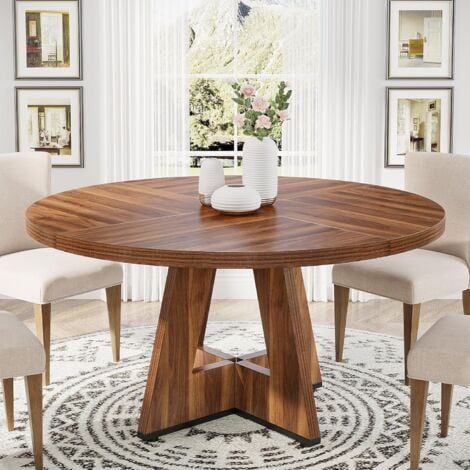 Tribesigns Round Dining Table Kitchen Table for Dining Room Living Room, 120 cm Dining Room Tables for 4 People, Farmhouse Dinner Table with Wooden Table Top and Legs, Rustic Brown (Only Table)
