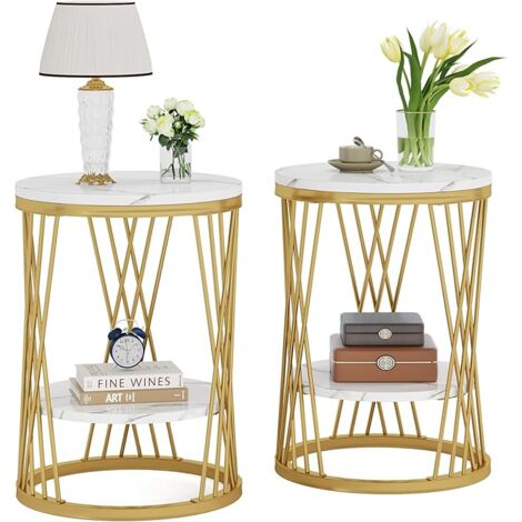 Tribesigns Runder Beistelltisch, moderner weißgoldener Beistelltisch mit Regalen, 2-stöckiger Nachttisch, schlanker Kaffee-Snack-Tisch für Sofa, Couch, Schlafzimmer, Wohnzimmer (2, Weiß und Gold)