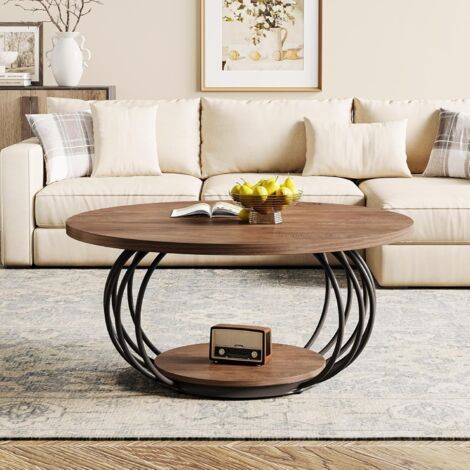 Tribesigns Runder Couchtisch mit Stauraum, 2-stöckiger Metallrahmen, 100 x 100 x 46 cm, Holzmaserung, moderner Wohnzimmer-Mitteltisch