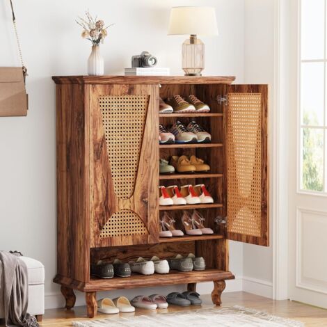 Tribesigns Scarpiera in rattan con 2 ante, 75 x 37 x 110 cm, scarpiera stretta, a 7 ripiani, per 25 paia di scarpe, scaffale per ingresso, corridoio, soggiorno
