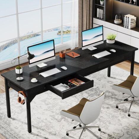 Tribesigns Schreibtisch Computertisch 200 x 60 x 82 cm, Doppelter Langer Schreibtisch mit 2 Schubladen, PC Tisch Bürotisch Arbeitstisch Esstisch Büro-Möbel Computertisch für Home Office, Schwarz