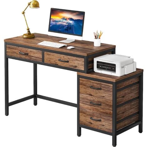 Tribesigns Schreibtisch mit 5 Schubladen, Computertisch PC Tisch mit umschaltbarem Schubladenschrank Druckerständer, Bürotisch Schreibtisch Holz Officetisch fürs Büro, Wohnzimmer, Home, 130x45x82cm