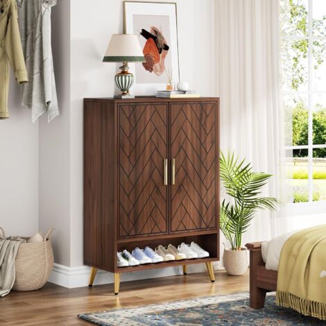 Tribesigns Shoe Cabinet with 2 Doors, 75 x 37 x 110 cm, Shoe Rack for 25 Pairs of Shoes Shelf, Shoe Tipper Slim Wooden Shelf Organiser for Entrance, Hallway Cabinet, Living Room (Walnut)