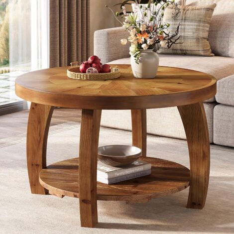 Tribesigns Solid Wood Round Coffee Table, 2-Tier Center Table with Storage, 31.5 Inch Wood Tabletop with Mosaic Pattern, Easy Assembly, for Living Room, Brown