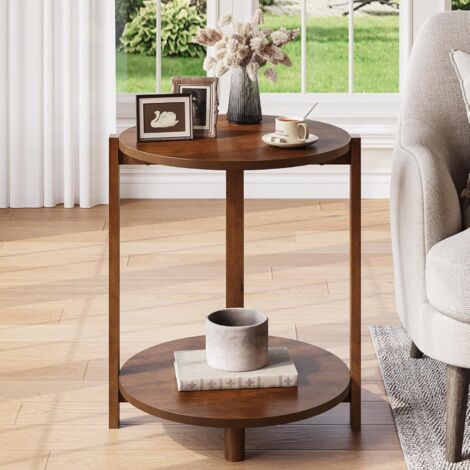 Tribesigns Solid Wood Side Table for Living Room, Small Round End Table with 2-Tier Storage, 19-Inch Wooden Circle Retro Nightstand, Accent Furniture for Small Spaces, Bedroom, Apartment, Brown