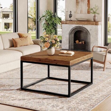 Tribesigns Square Solid Wood Coffee Table, 31.5-Inch Farmhouse Center Table with Real Wood Tabletop and Industrial Metal Frame for Living Room, Brown